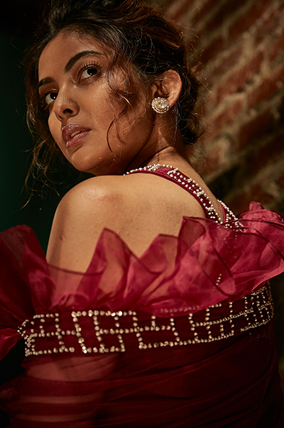 Burgundy Layered Lehenga and Bustier Set