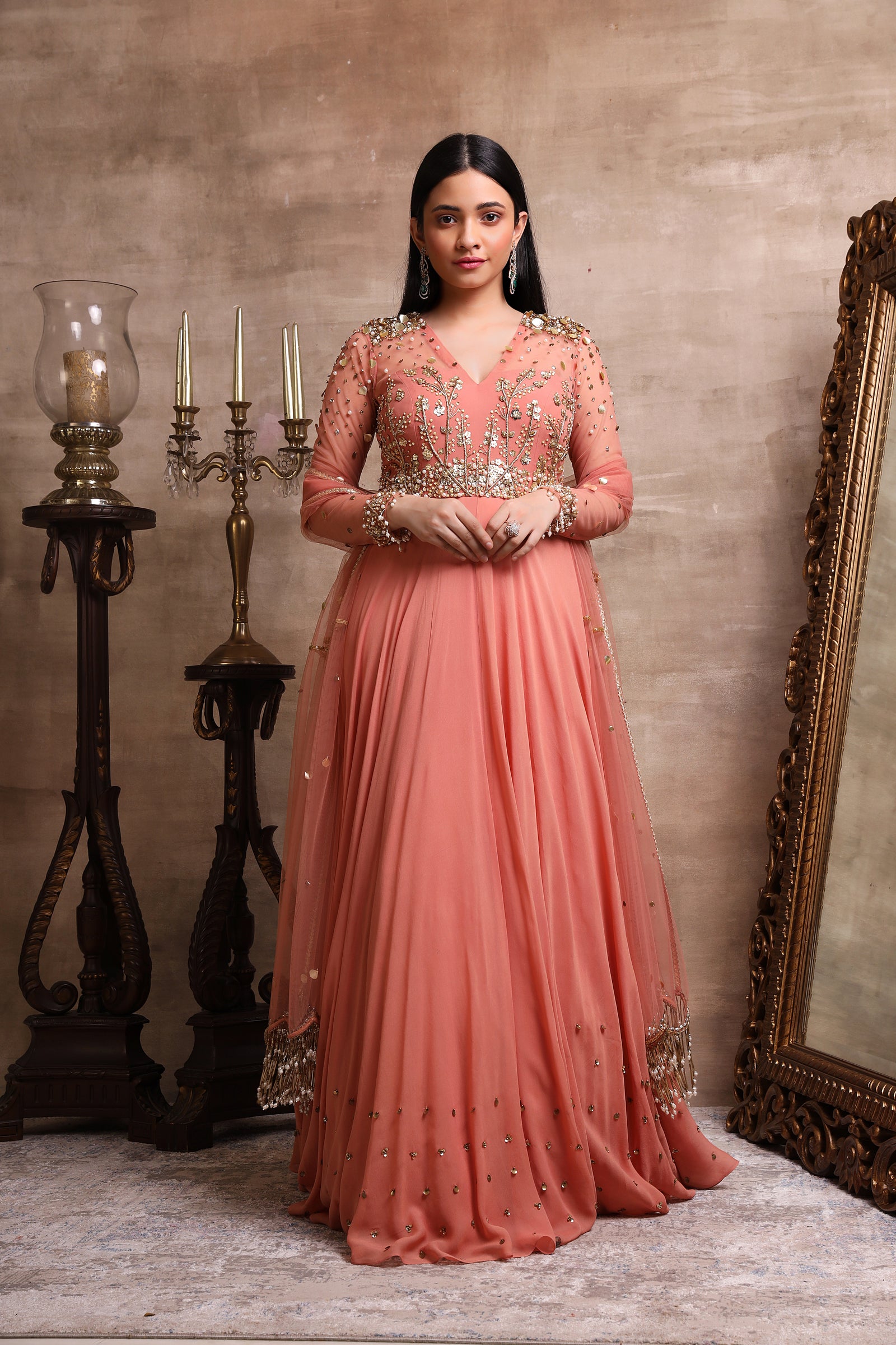 Peach Gown With Tasselled Dupatta – Sanya Gulati Peach Gown With Tasselled Dupatta – Sanya Gulati