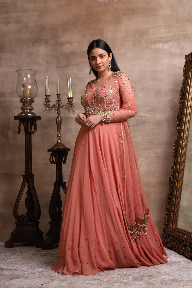 Dark Salmon Pink Designer Embroidered Satin Anarkali Gown | Saira's Boutique