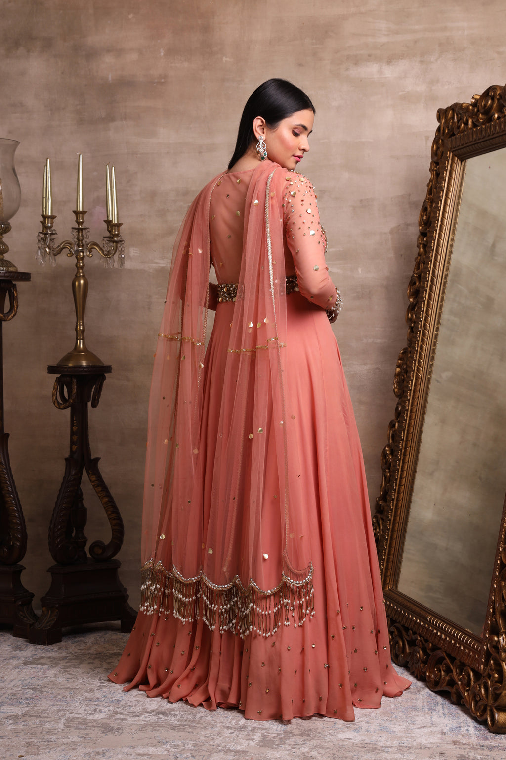 Indo Western gown in peach color – Panache Haute Couture