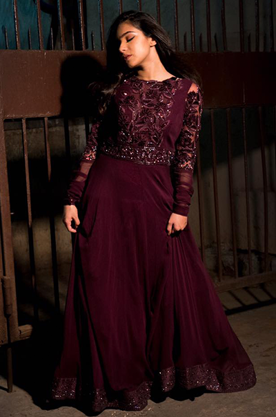 Wine Gown With Velvet Floral Embroidery