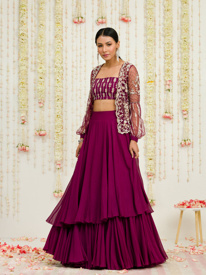 PLUM EMBROIDERED JACKET BUSTIER AND SKIRT SET