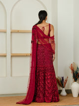 OMBRE RED HAND EMBROIDERED LEHENGA AND CAPE SET