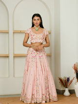 SOFT PINK MULTI COLOR EMBROIDERED RUFFLE BLOUSE AND LEHENGA SET