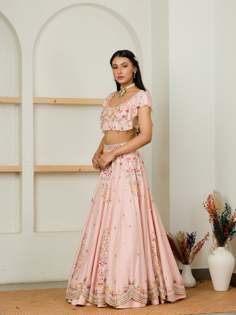 Frill Sleeves Blouse On Lehenga Yellow Net Lehenga Choli With