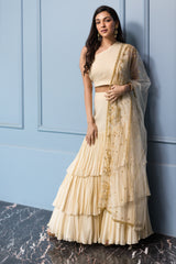 Ivory Tiered Skirt, Blouse and Embroidered Dupatta Set