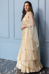 Ivory Tiered Skirt, Blouse and Embroidered Dupatta Set