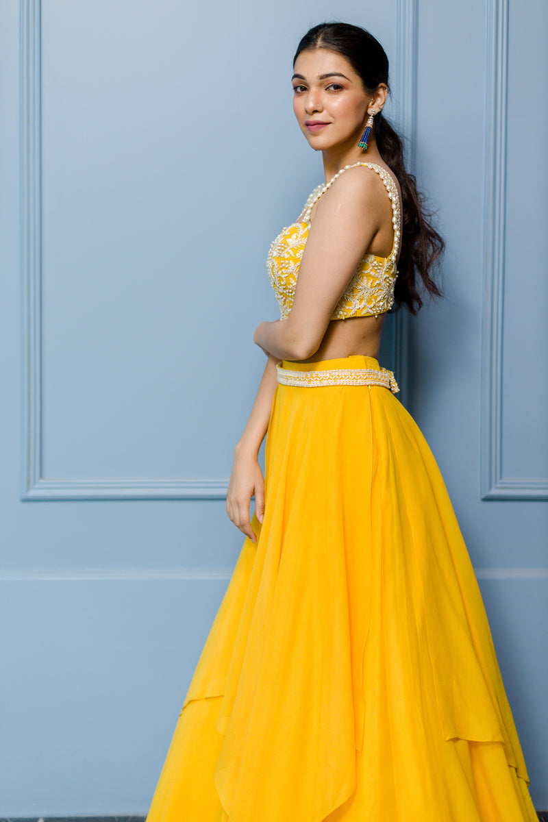 Sindhu in Mango Bustier and Panelled Skirt Set