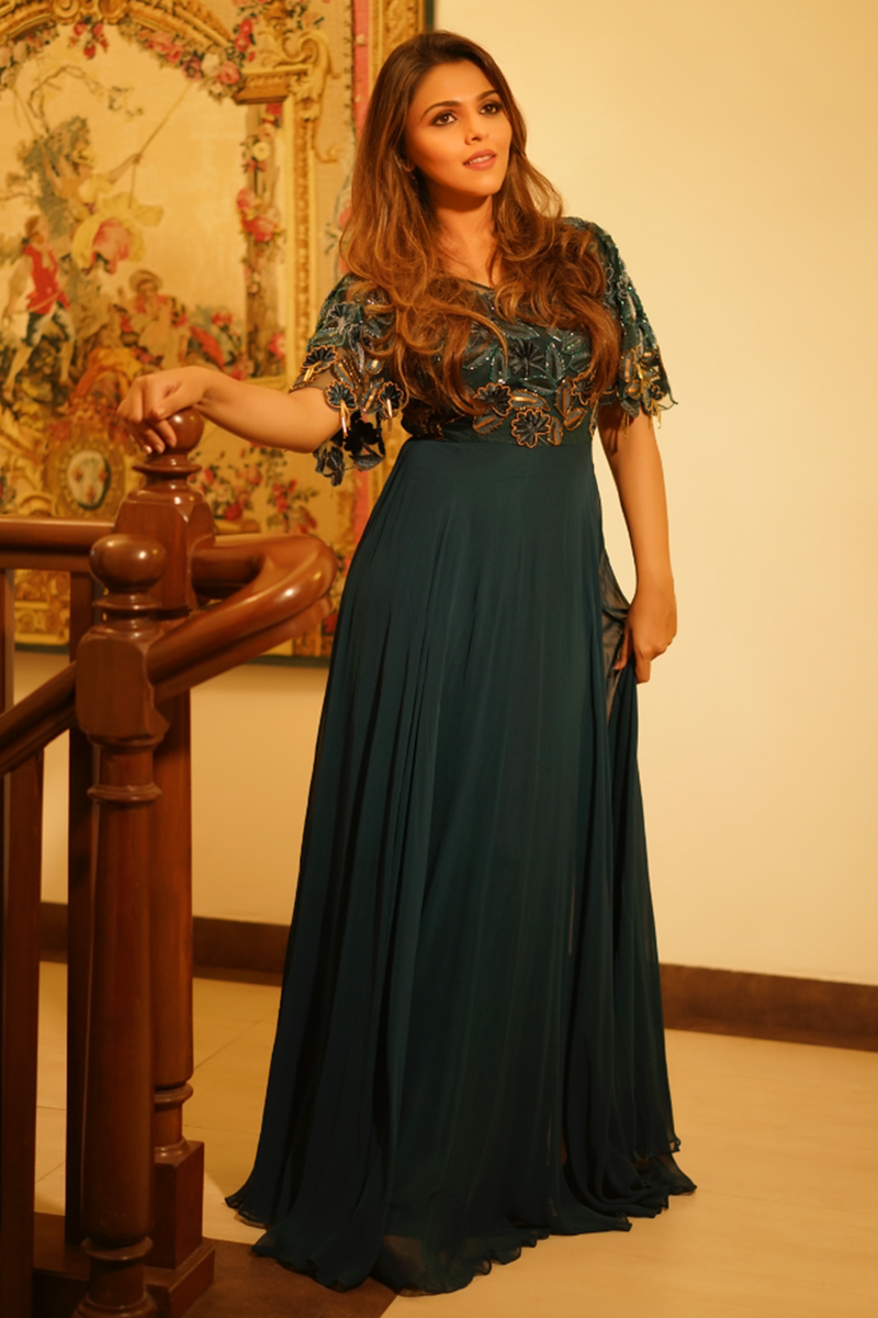 IMAGE CODE in Teal Green Flared Sleeves Gown
