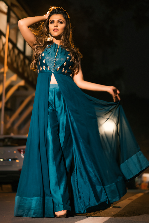 IMAGE CODE in Teal Green Front Open Anarkali with Chanderi pants Set