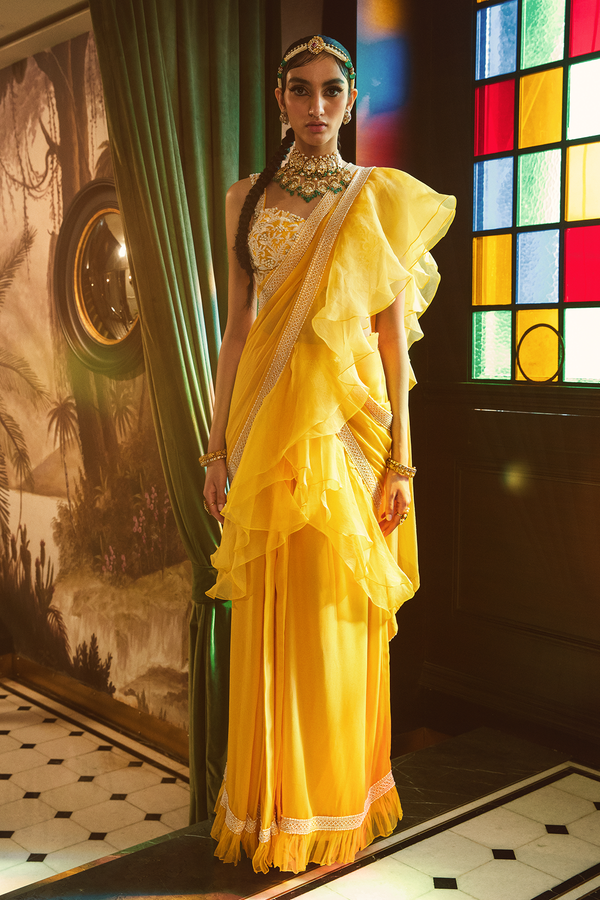 Mango Pre Stitched Ruffled Saree with Embroidered Bustier Blouse