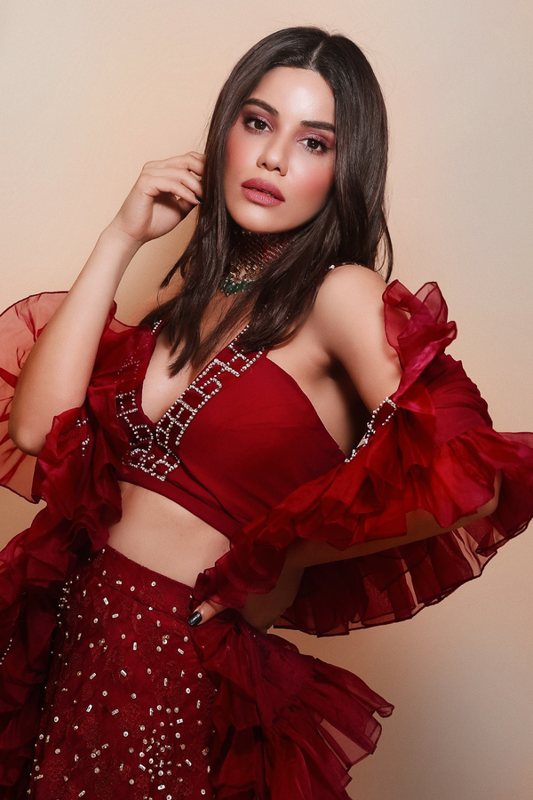 CHIQUE FACTOR in Burgundy Layered Lehenga And Bustier Set