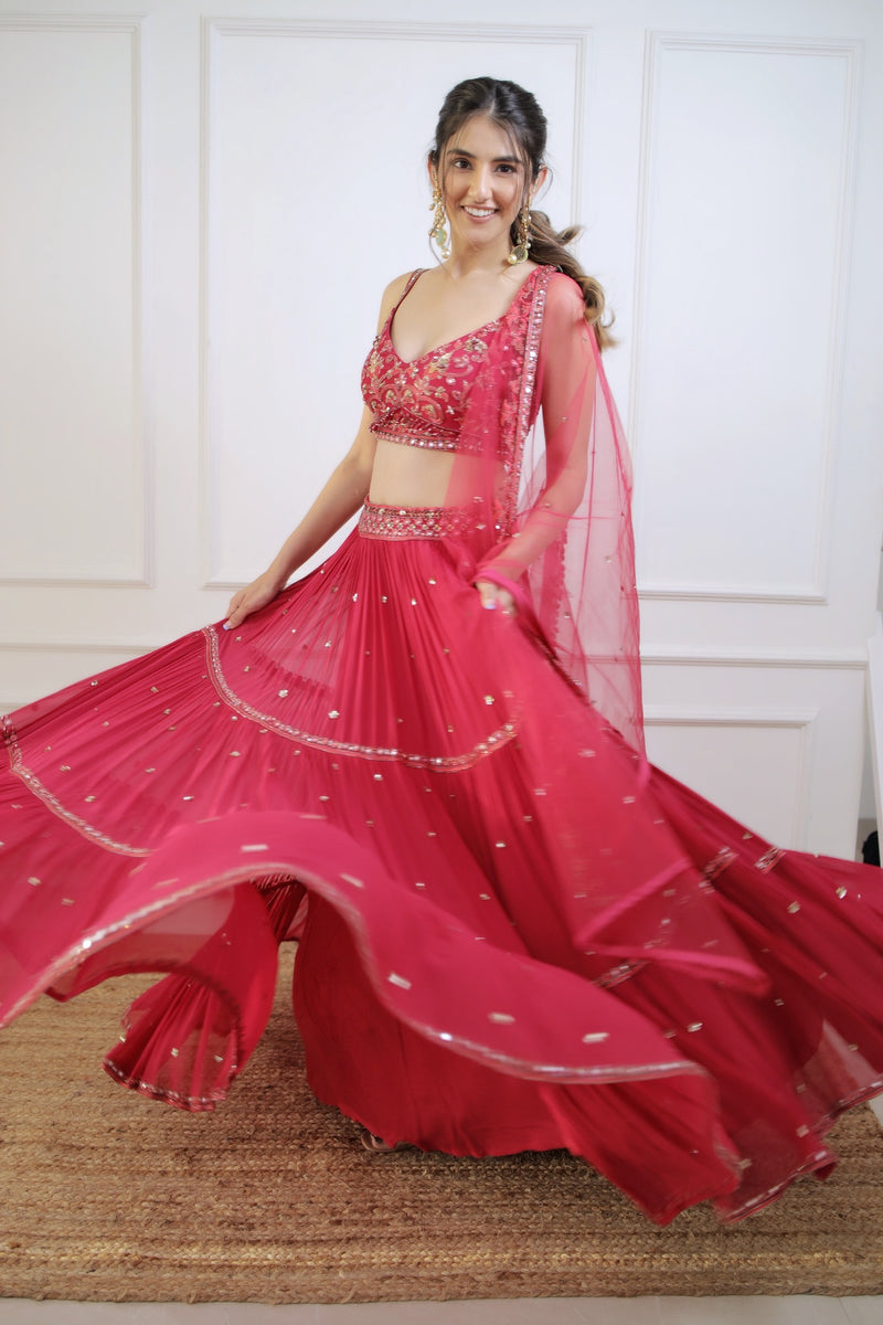 Meher in  Fuchsia Three Tiered Lehenga with Blouse and Dupatta Set