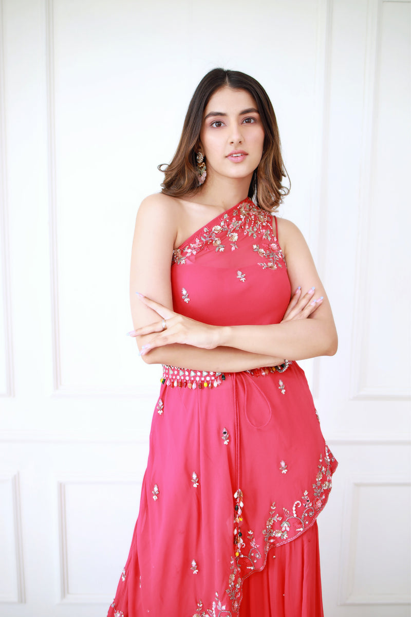 Meher in Coral Red One Shoulder Sharara Set