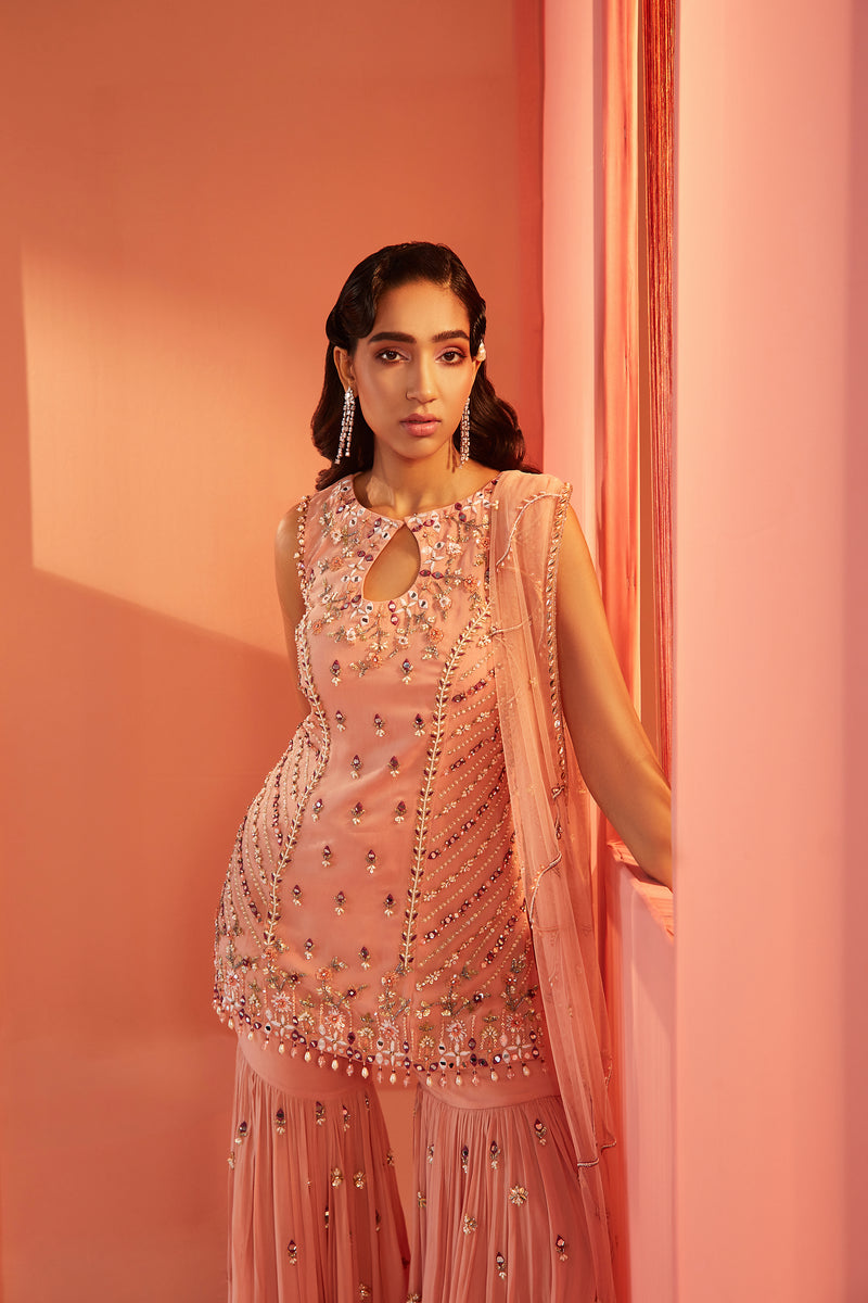 Pink Asymmetrical Kurta Sharara Set | Label Anushree – KYNAH