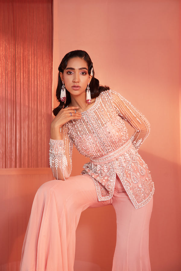 Dusty Pink Embroidered Peplum Top and Bell Bottoms Set