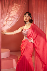 Coral Red Pre-Stitched Saree Blouse and Belt