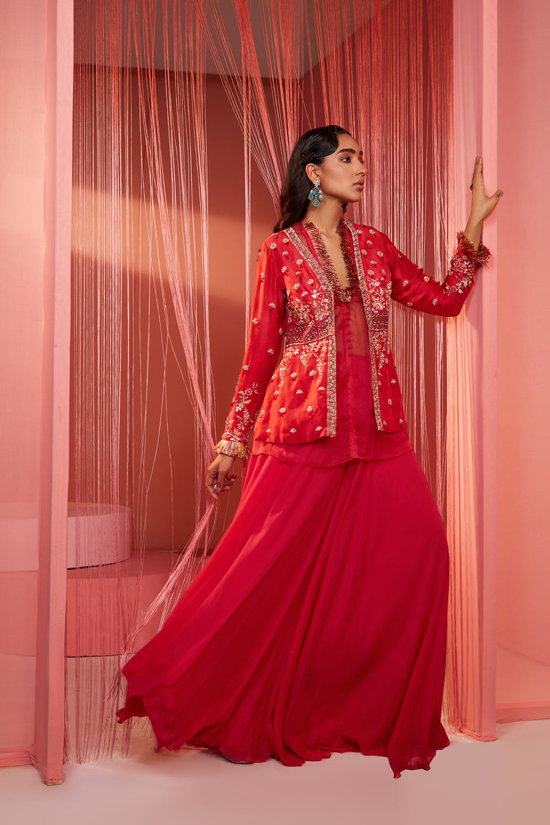 Buy Coral peplum jacket and Plazo by Designer Sanya Gulati Buy Coral peplum jacket and Plazo by Designer Sanya Gulati