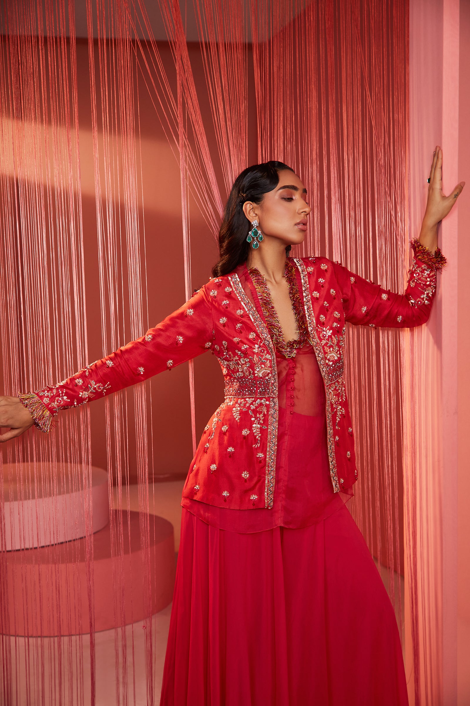 Buy Coral peplum jacket and Plazo by Designer Sanya Gulati