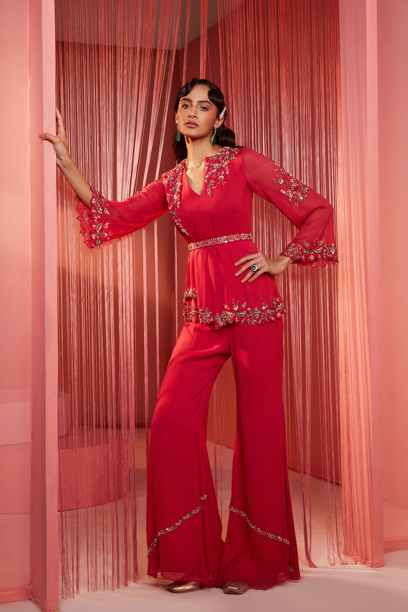 Coral Red Double Flap Kurta and Pants Set