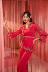 Coral Red Double Flap Kurta and Pants Set