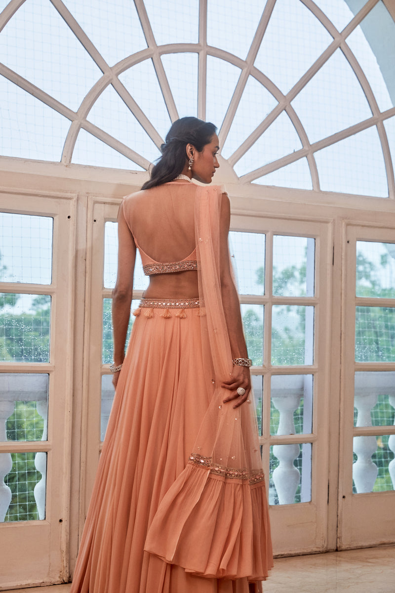 Buy Online Designer Sanya Gulati Rose gold lehenga with Boho Blouse and Dupatta Buy Online Designer Sanya Gulati Rose gold lehenga with Boho Blouse and Dupatta