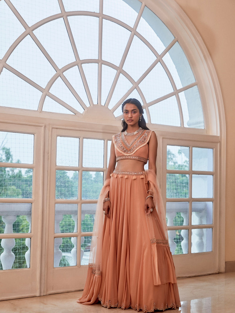 Buy Online Designer Sanya Gulati Rose gold lehenga with Boho Blouse and Dupatta Buy Online Designer Sanya Gulati Rose gold lehenga with Boho Blouse and Dupatta