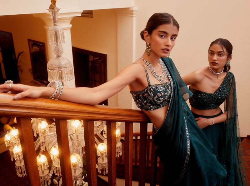 Teal Green Ruffle Saree and Bustier