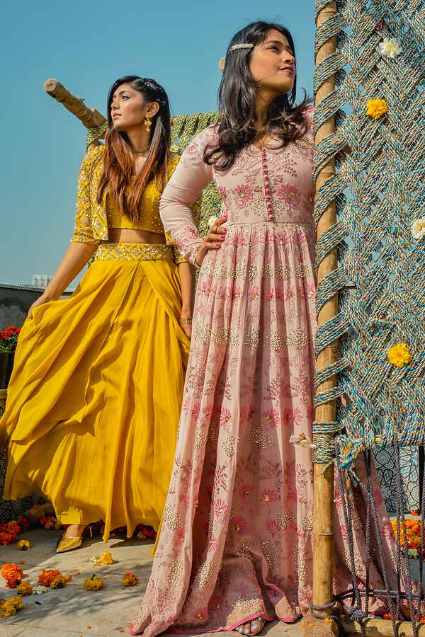 CURIOUS COMPONENTS in Nude Pink Resham Embroidered Anarkali