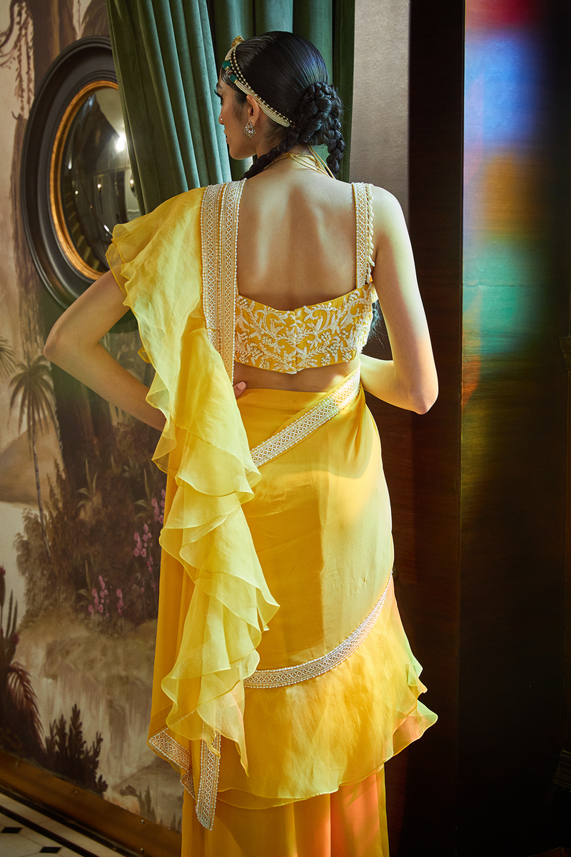 Mango Pre Stitched Ruffled Saree with Embroidered Bustier Blouse