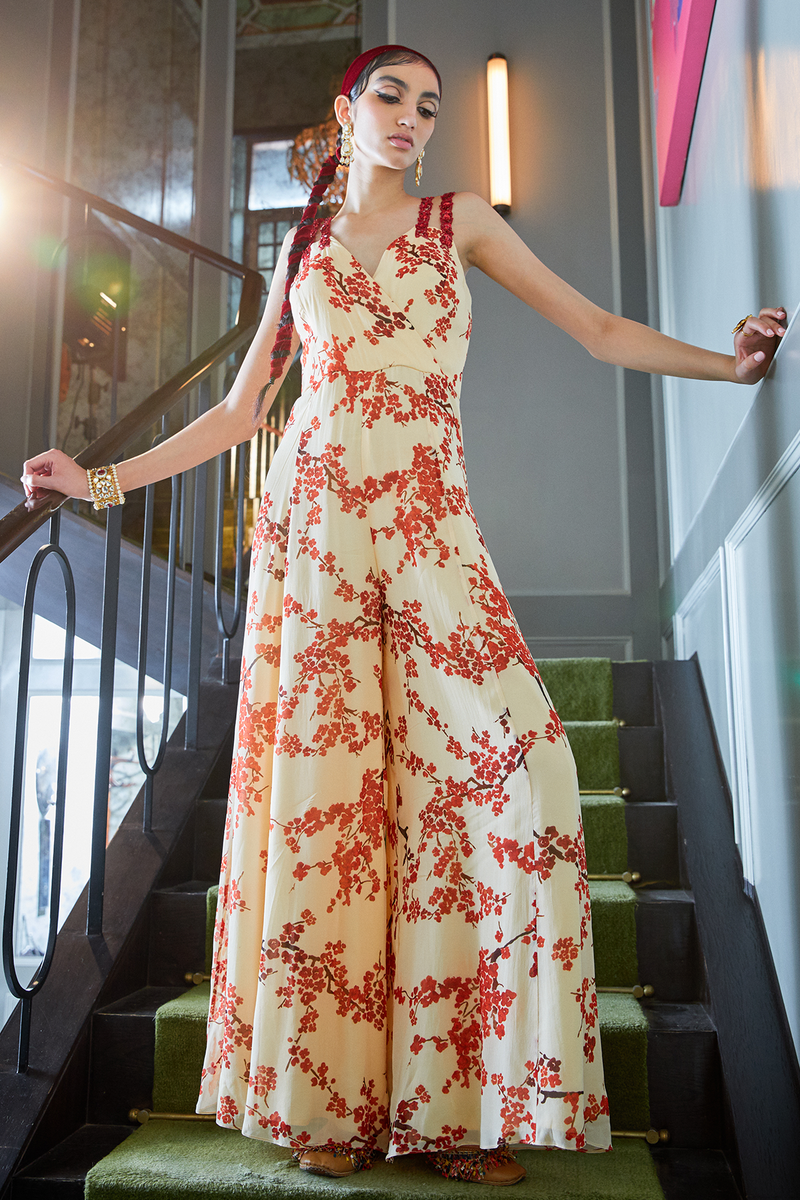 Ivory Cherry Blossom Print Jumpsuit