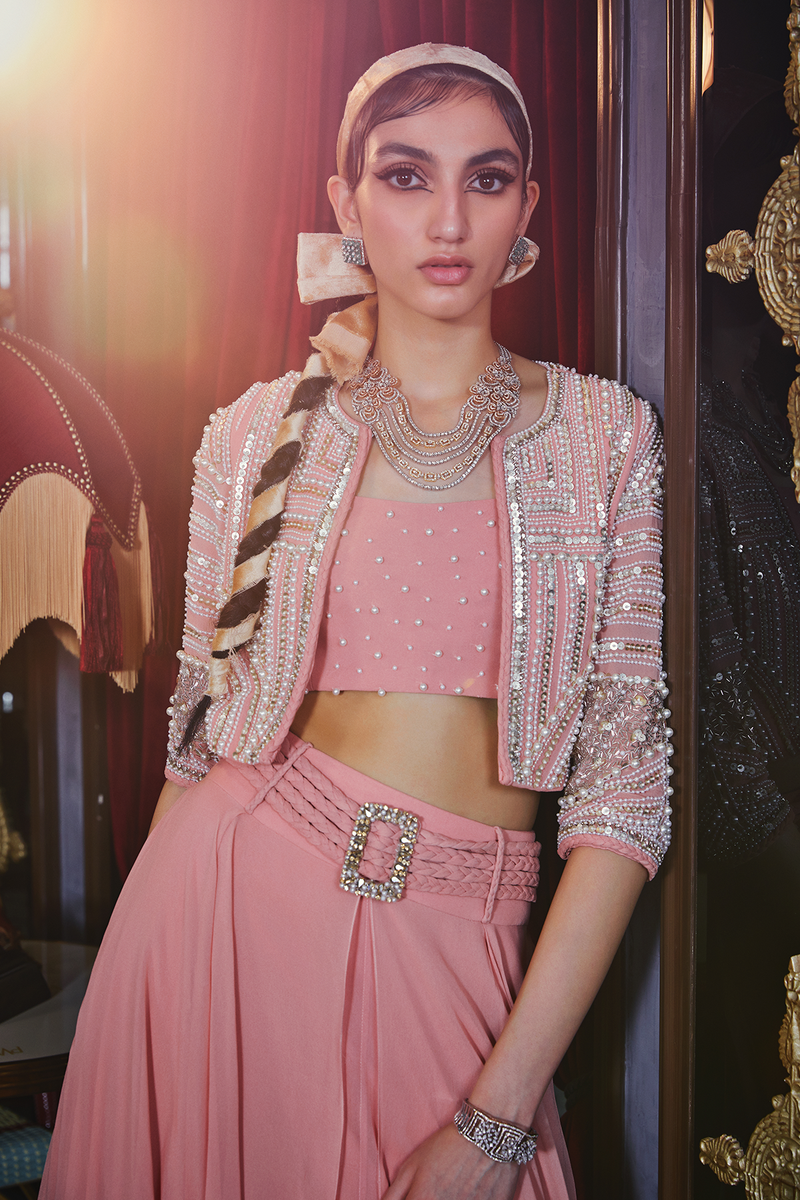 Pink Crop top with skirt and jacket Set Sanya Gulati