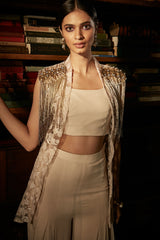 Ivory Tassled Jacket With Bustier and Palazzo Set