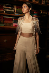 Ivory Tassled Jacket With Bustier and Palazzo Set